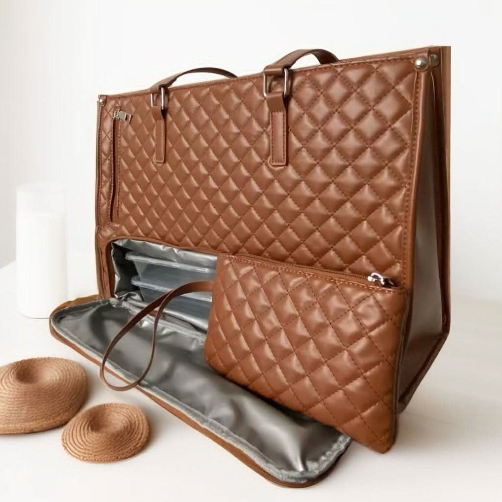 Water-Resistant Women's Quilted Bag with Cooler, Shoulder Strap & Pouch – Brown