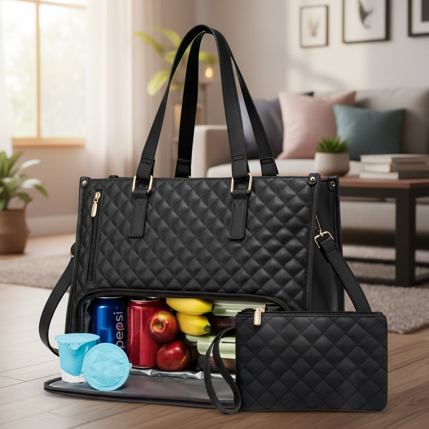 Water-Resistant Women's Quilted Bag with Cooler, Shoulder Strap & Pouch – Black