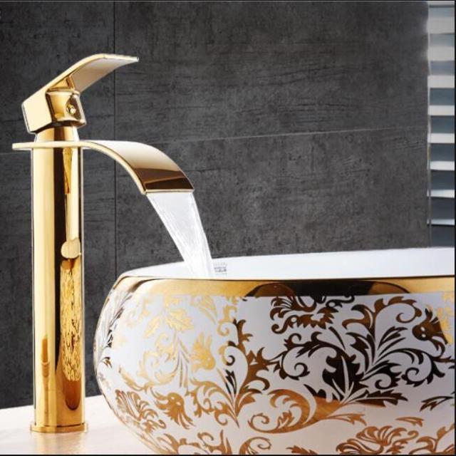 Brass Waterfall Mixer Tap for Vanity Sink Faucet – Gold Tall B