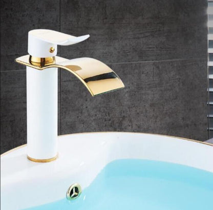 Brass Waterfall Mixer Tap for Vanity Sink Faucet – White and Gold Short