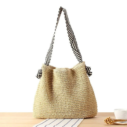Large Woven Straw Tote Bag with Knot Shoulder Design – Biege