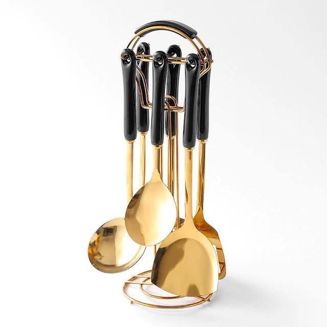 Golden Kitchen Tools Set with Stand - Metallic Finish – Black