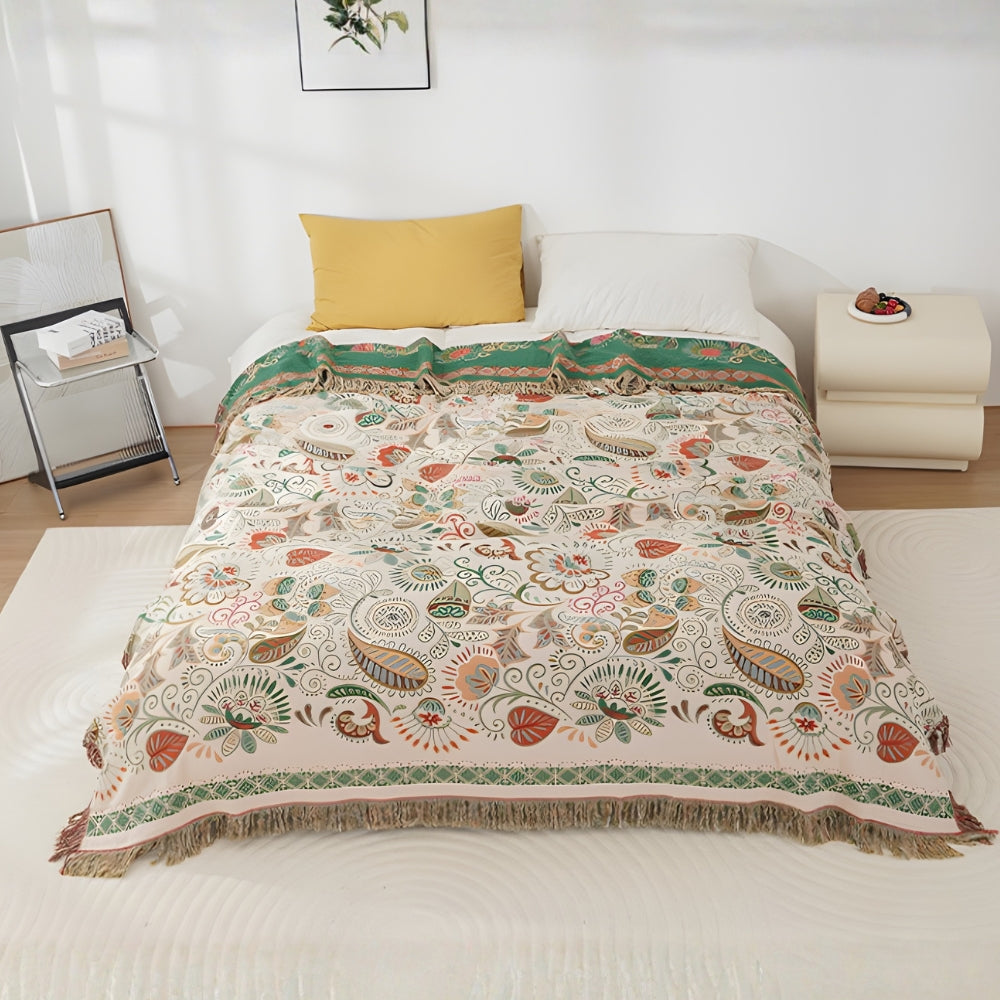 Vibrant Floral Pattern Reversible Blanket with Tassels – Blush Maple