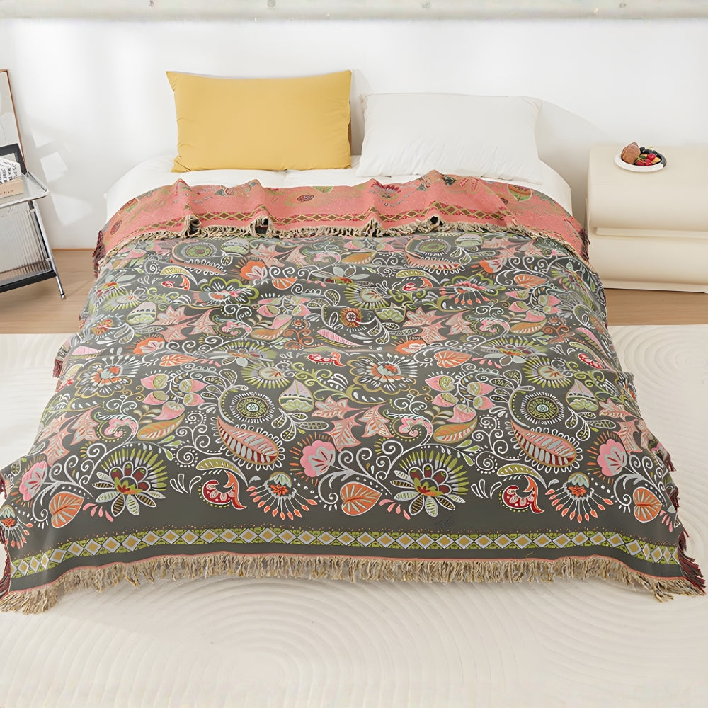Vibrant Floral Reversible Cotton Throw Blanket – Midnight Leaf