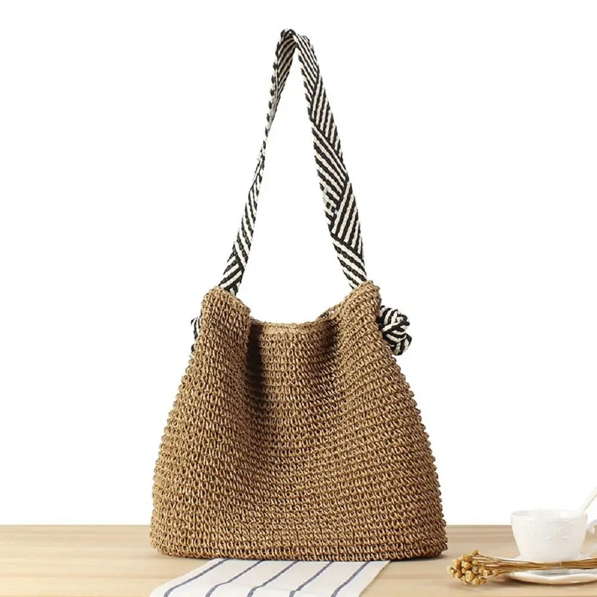 Large Woven Straw Tote Bag with Knot Shoulder Design – Camel