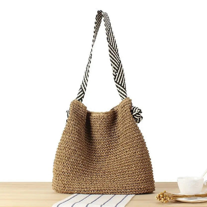 Large Woven Straw Tote Bag with Knot Shoulder Design – Camel