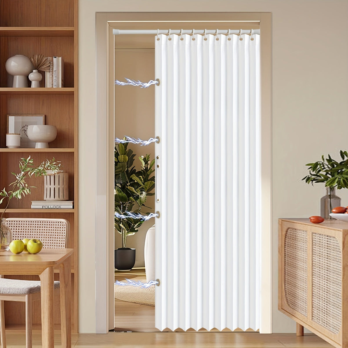 Colorful Magnetic Folding Curtain for Doors – Space-Saving Divider, Washable Polyester – White