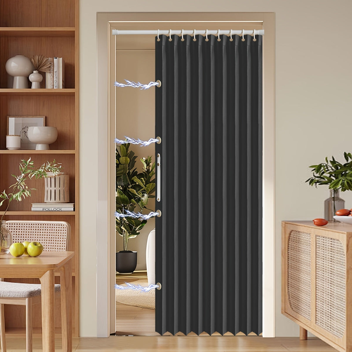 Colorful Magnetic Folding Curtain for Doors – Space-Saving Divider, Washable Polyester – Black