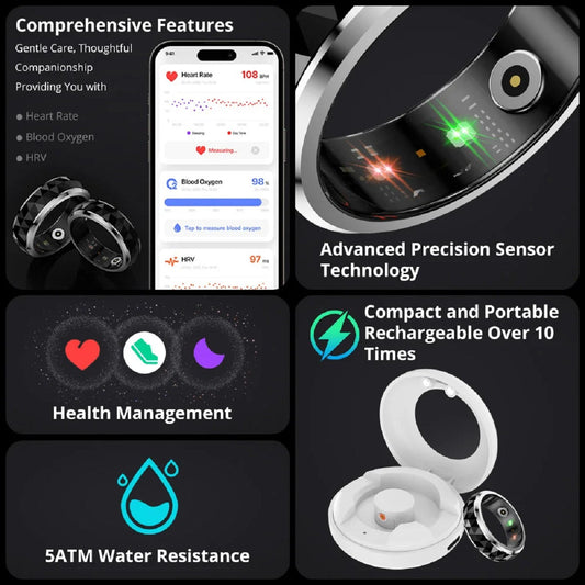 Smart Health and Sleep Tracker Ring with Fidget Spinner Feature – Black