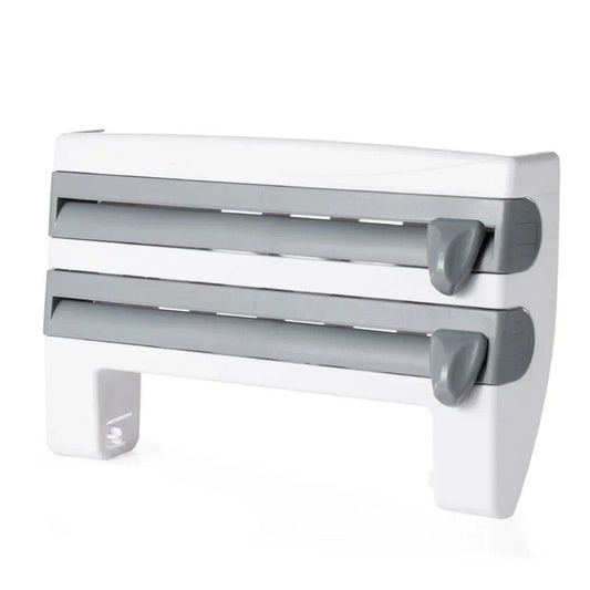 Space-Saving Dispenser for Cling Film and Kitchen Roll – Gray