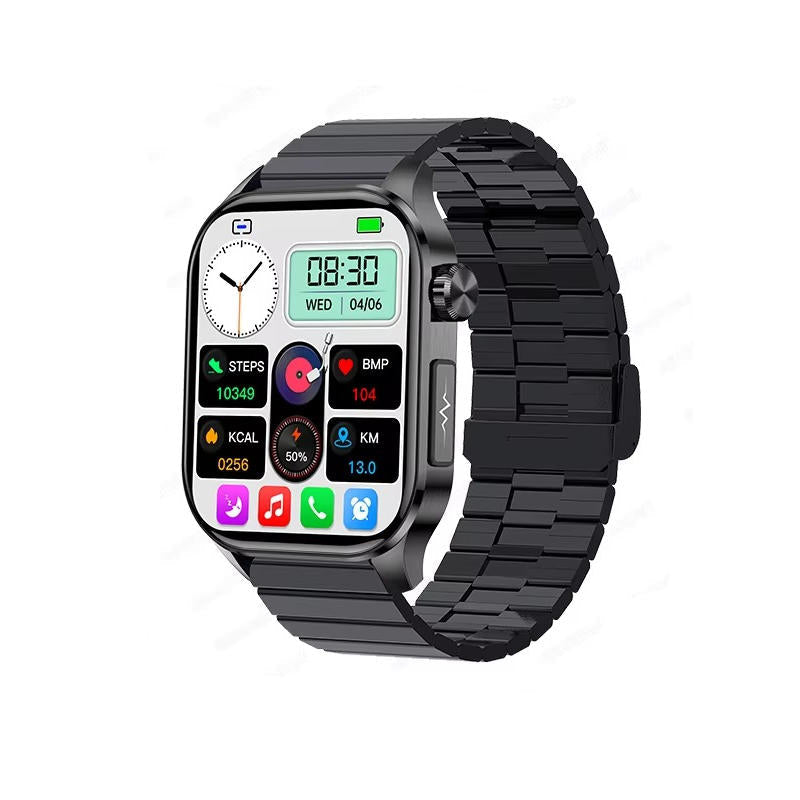 Senior Smartwatch with Large AMOLED Screen, Heart Rate, Sleep Tracking, Bluetooth Calls, and SOS Feature – Black Steel B