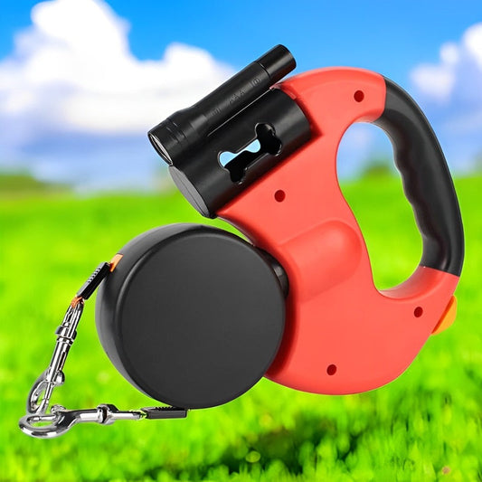 10FT Double Retractable Pet Leash with Integrated Flashlight & Waste Bag Dispenser – Red