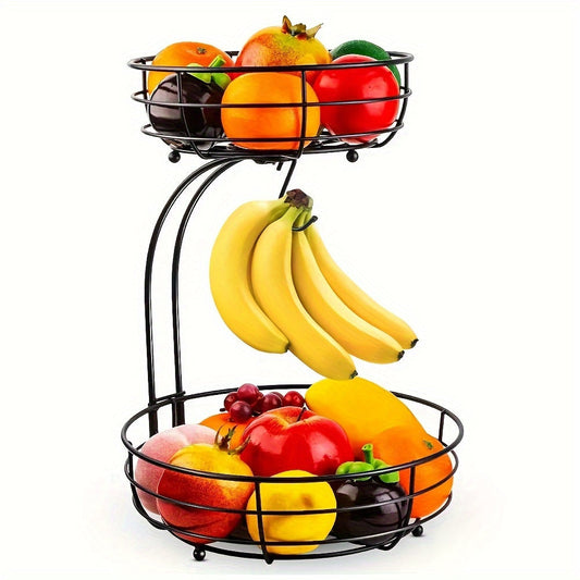 2-Tier Oval Fruit Basket with Banana Stand – Metal Kitchen Storage – Black