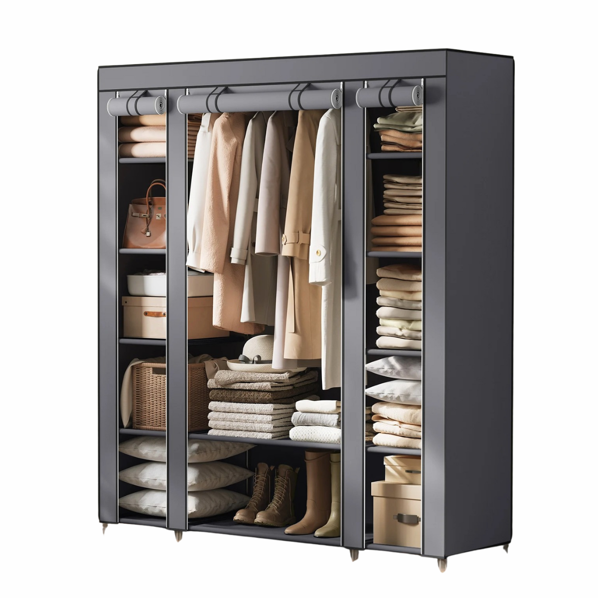 Clothes Rack with Fabric Enclosure and Storage - Portable Wardrobe – Grey