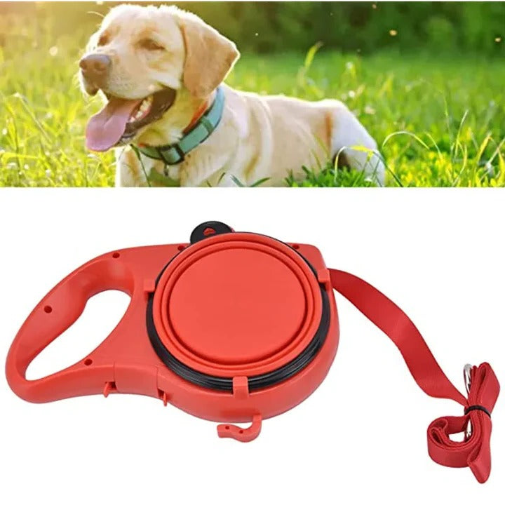 4-in-1 Dog Leash with Water Bottle and Bowl – Multifunctional Design – Red