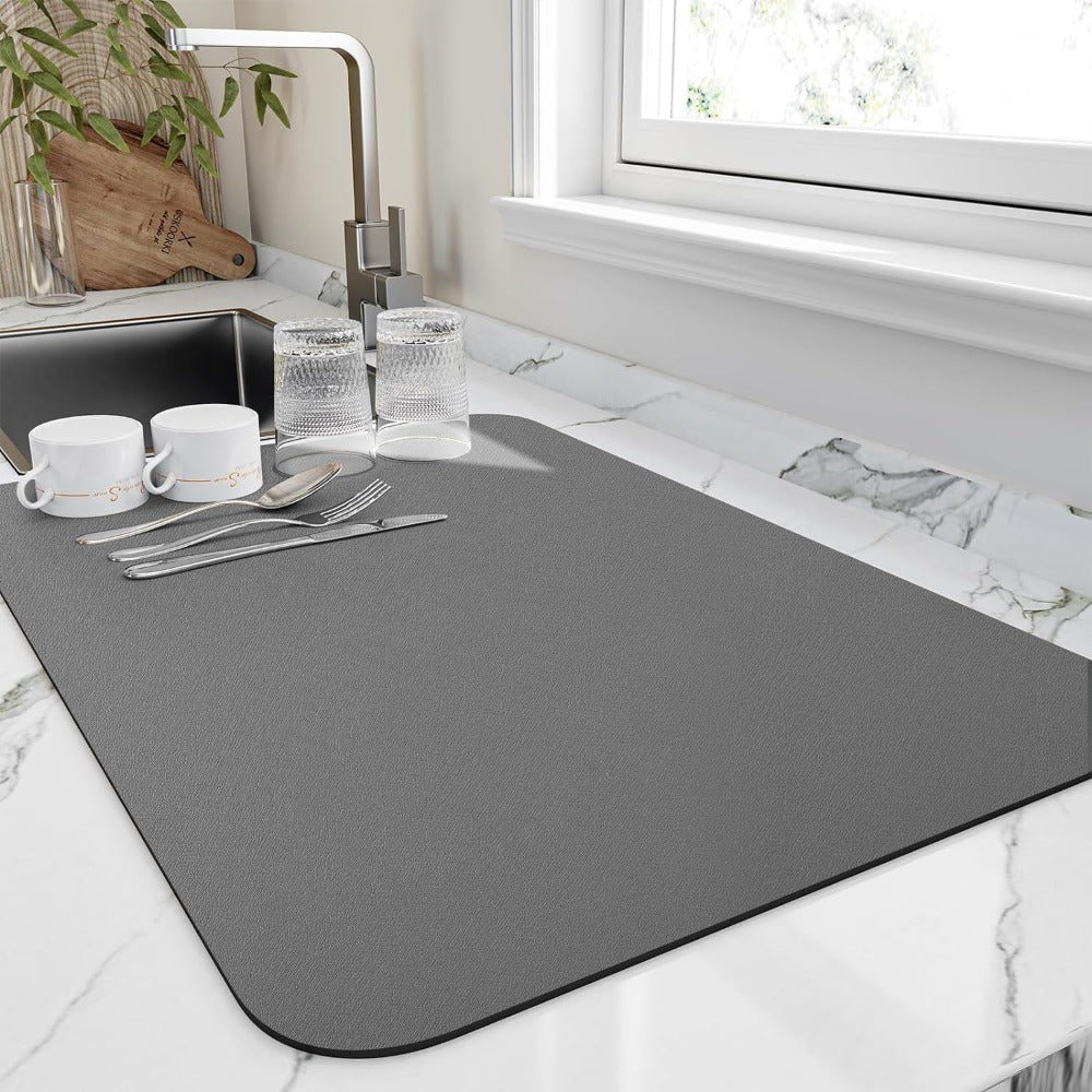 Space-Saving Fast-Drying Dish Drying Mat – Absorbent Design – Gray