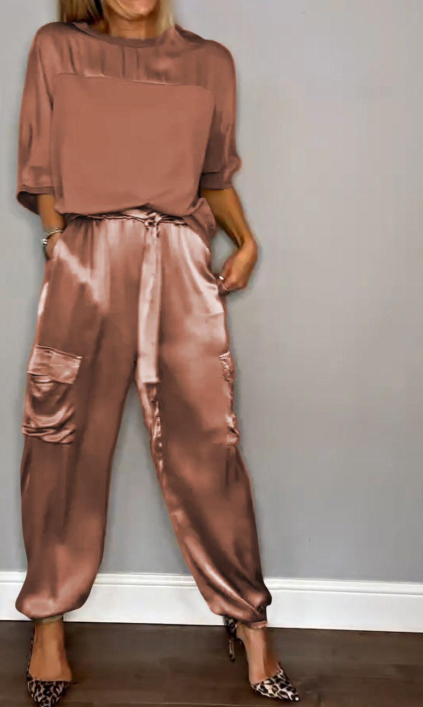 Satin Suit Set with Half Sleeves and Trousers, Two-Piece Outfit – Brown