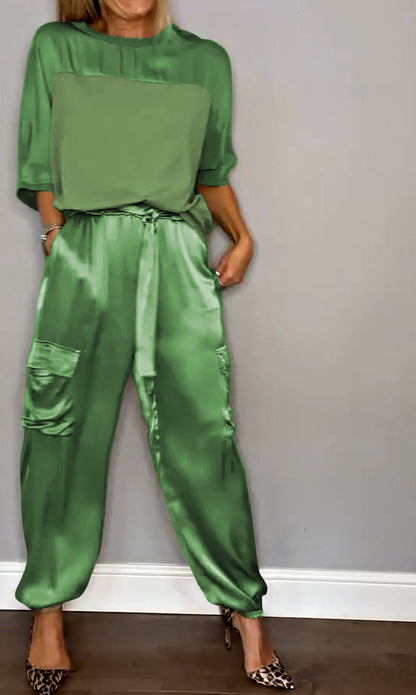 Satin Suit Set with Half Sleeves and Trousers, Two-Piece Outfit – Green