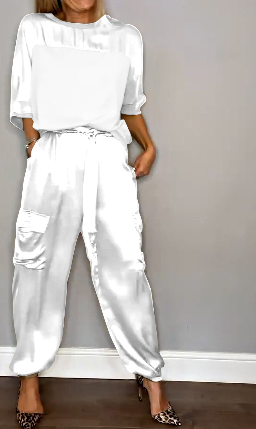 Satin Suit Set with Half Sleeves and Trousers, Two-Piece Outfit – White