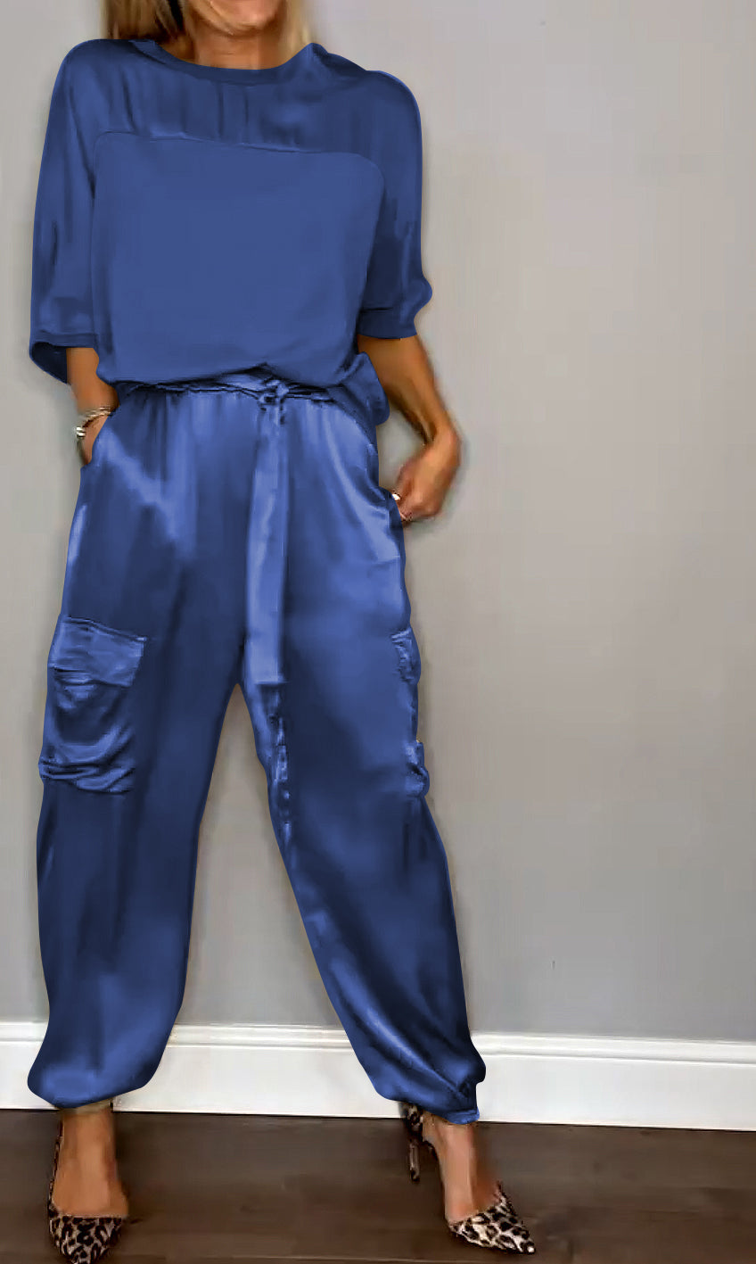 Satin Suit Set with Half Sleeves and Trousers, Two-Piece Outfit – Blue