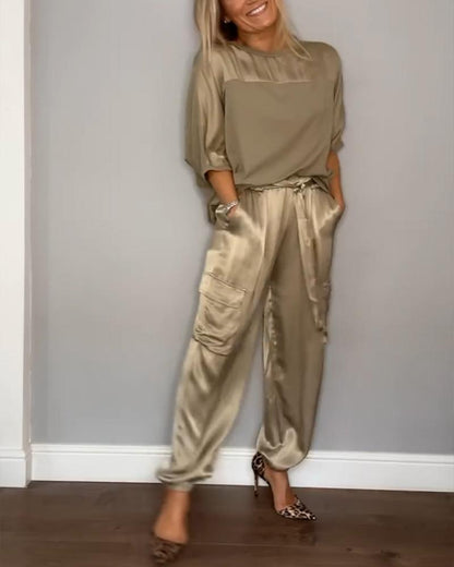 Satin Suit Set with Half Sleeves and Trousers, Two-Piece Outfit – Gold