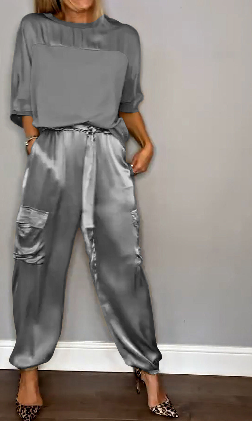 Satin Suit Set with Half Sleeves and Trousers, Two-Piece Outfit – Gray