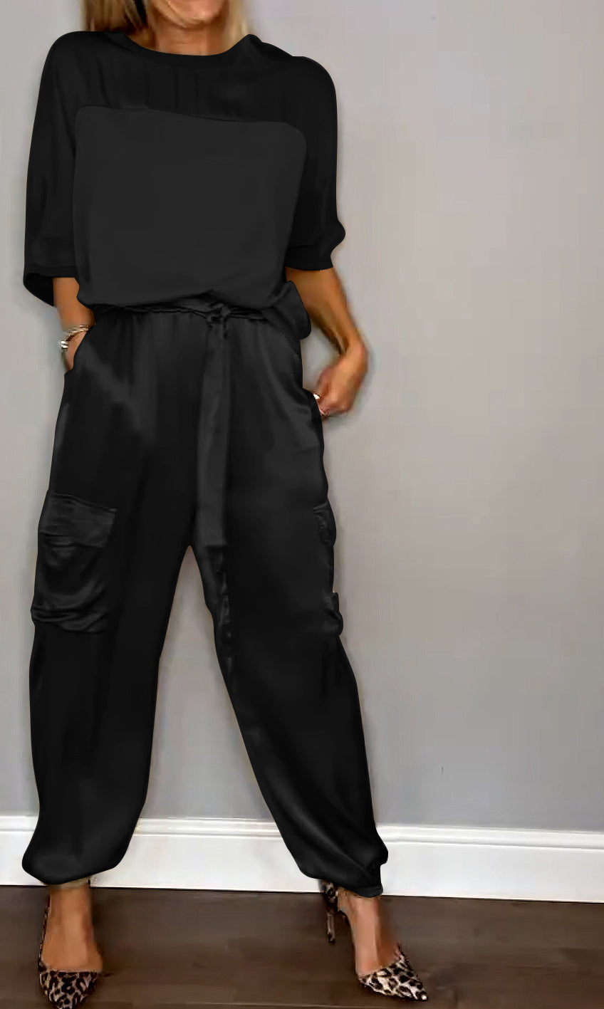 Satin Suit Set with Half Sleeves and Trousers, Two-Piece Outfit – Black