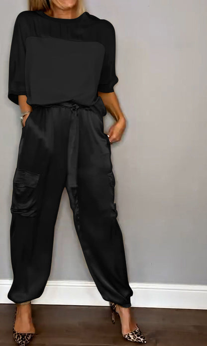 Satin Suit Set with Half Sleeves and Trousers, Two-Piece Outfit – Black