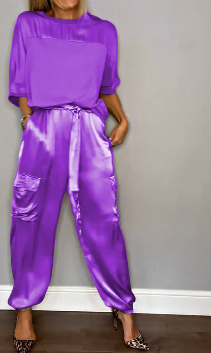 Satin Suit Set with Half Sleeves and Trousers, Two-Piece Outfit – Purple