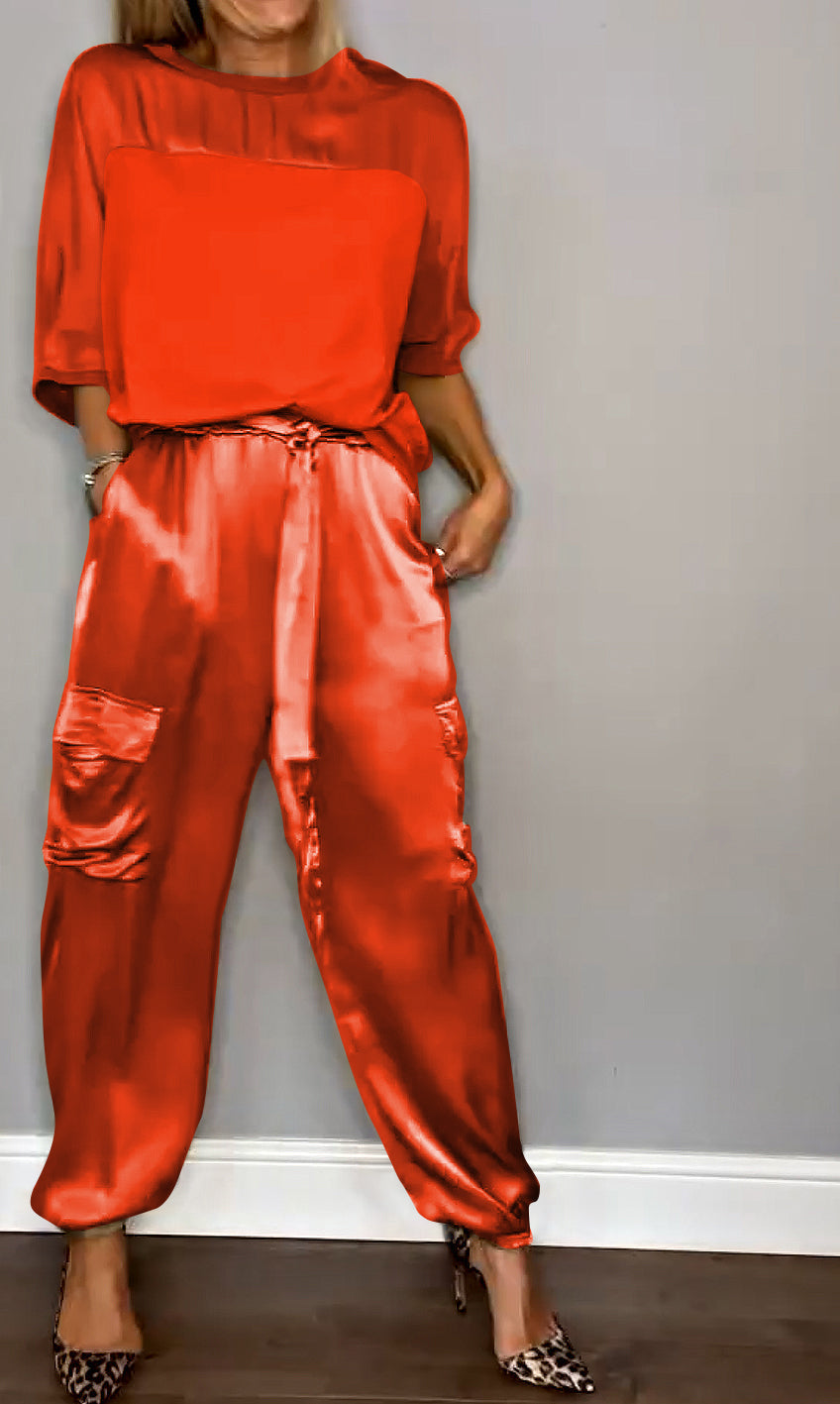 Satin Suit Set with Half Sleeves and Trousers, Two-Piece Outfit – Red