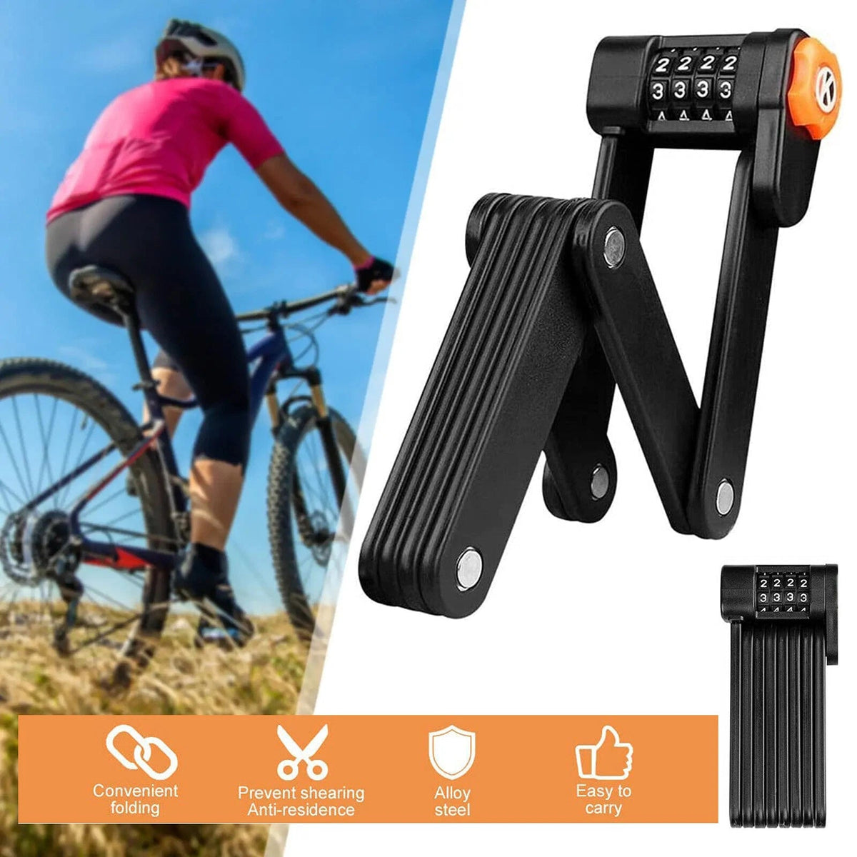 Folding Bike Lock in Alloy Steel with 4-Digit Code