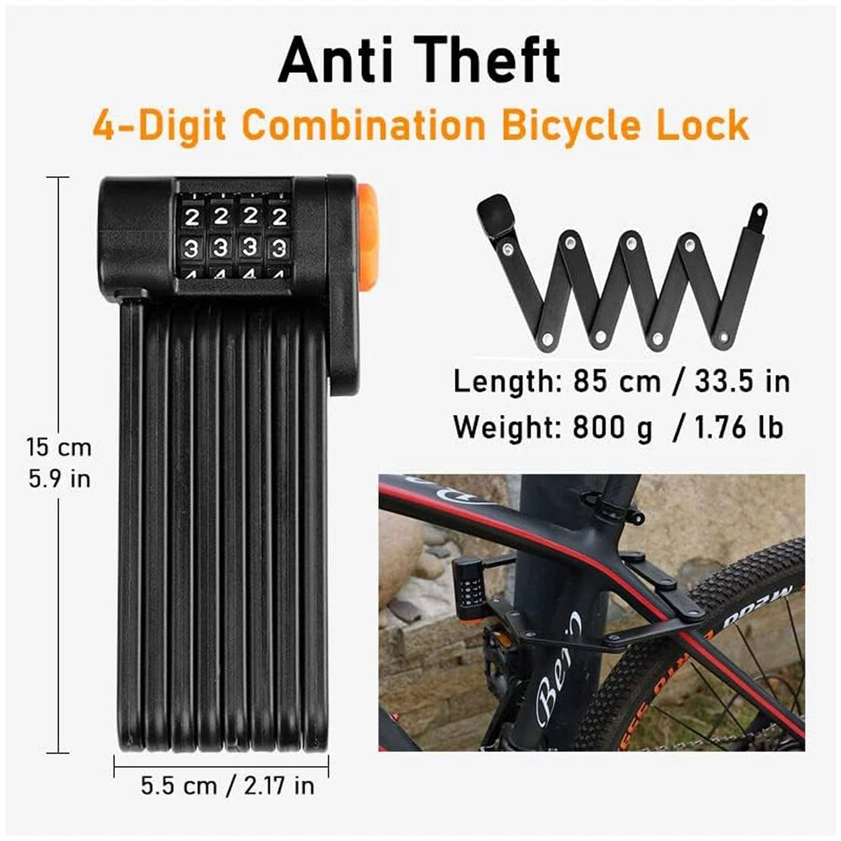 Folding Bike Lock in Alloy Steel with 4-Digit Code