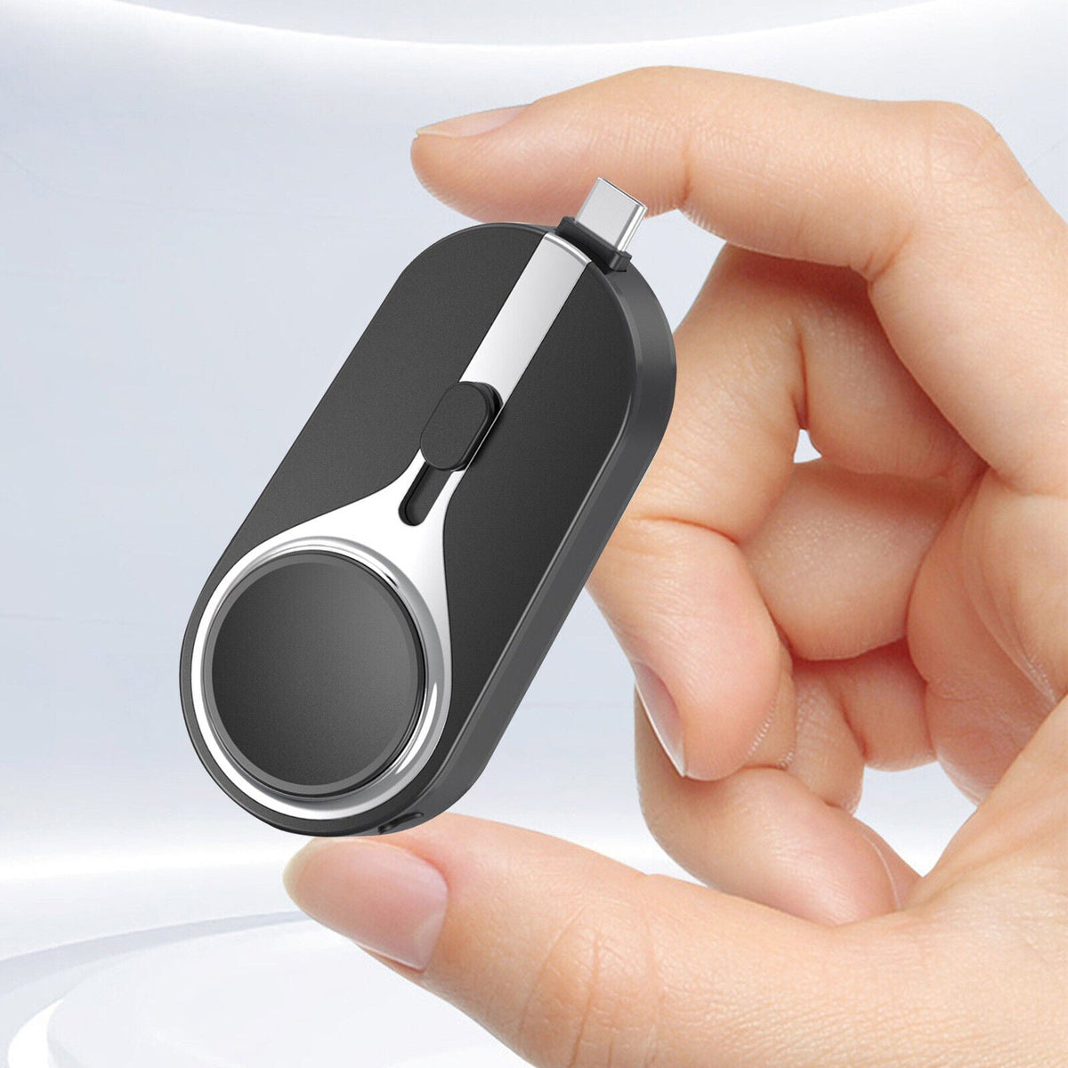 Compact 2000mAh Power Bank with USB-C Plug, Keychain and Waterproof Case – Black