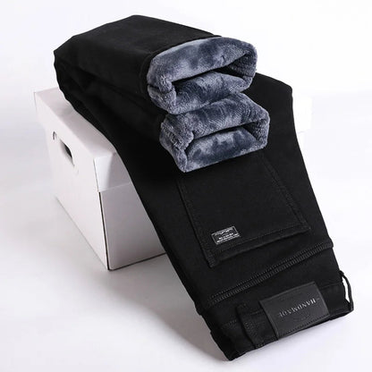 Men's Slim Straight Denim Pants - Warm Elastic Fleece Lined for Winter – Black