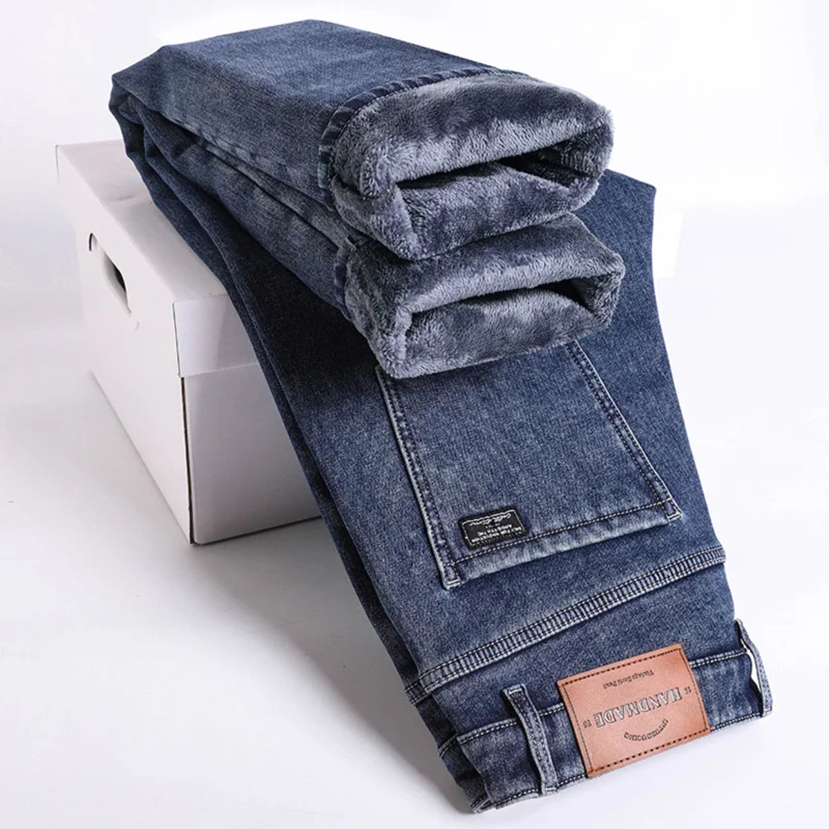 Men's Slim Straight Denim Pants - Warm Elastic Fleece Lined for Winter – Grey Blue