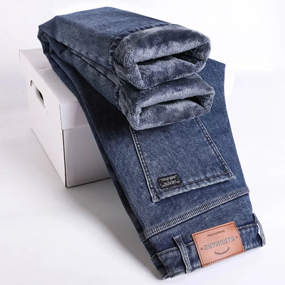 Men's Slim Straight Denim Pants - Warm Elastic Fleece Lined for Winter – Grey Blue