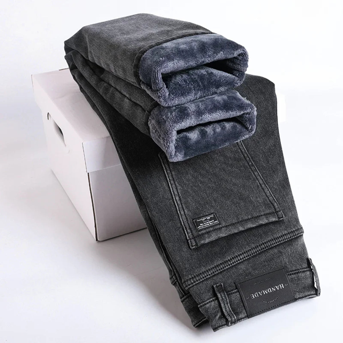 Men's Slim Straight Denim Pants - Warm Elastic Fleece Lined for Winter – Smoke Gray