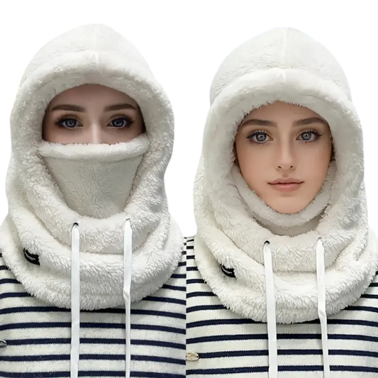 Fleece Ski Hooded Balaclava - Windproof Thermal Face Mask for Winter – White