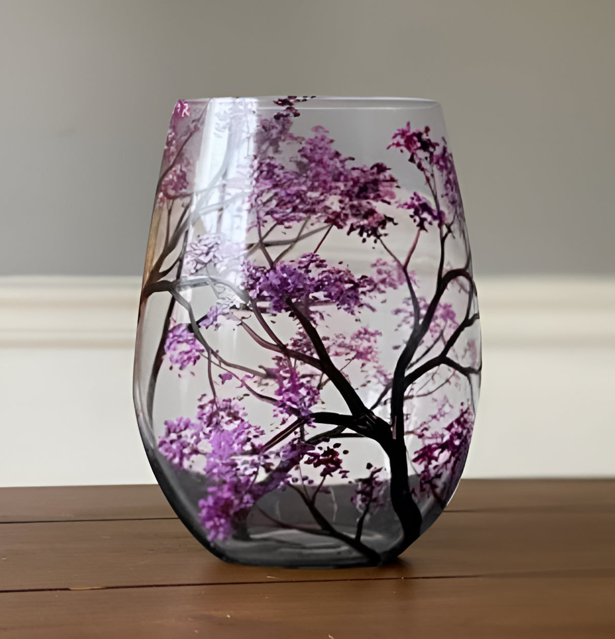 Winter Tree Design Stemless Wine Glass with Red Birds - 355ml