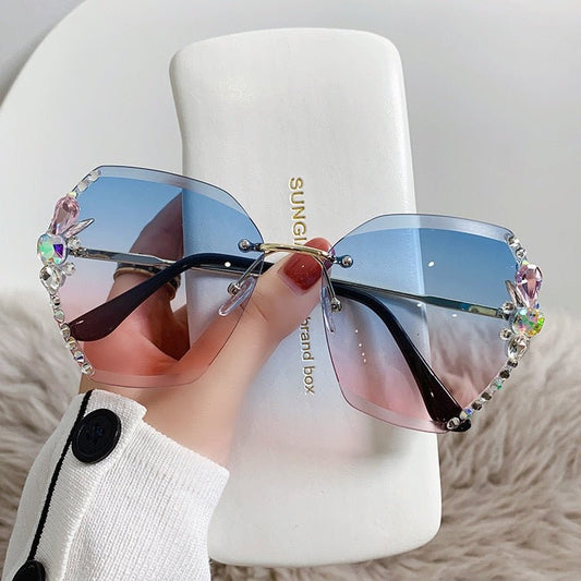 Oversized Geometric Rimless Sunglasses with Rhinestones and UV400 Protection for Women – Blue-Pink