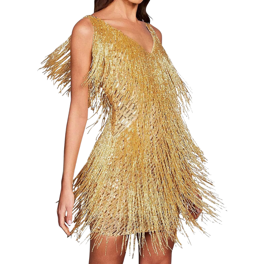 Sequined V-Neck Slip Dress – Gold