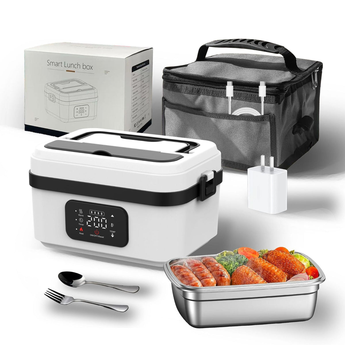 Stainless Steel Lunch Box with Heating Function – Portable Design – White / Black