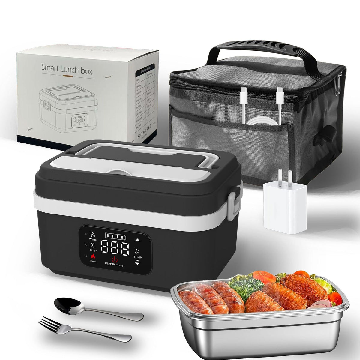 Stainless Steel Lunch Box with Heating Function – Portable Design – Black / White
