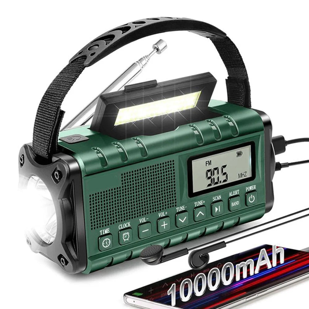 Emergency Radio with Solar and Crank Power, 10000mAh Battery – Green