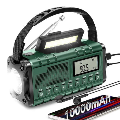 Emergency Radio with Solar and Crank Power, 10000mAh Battery – Green