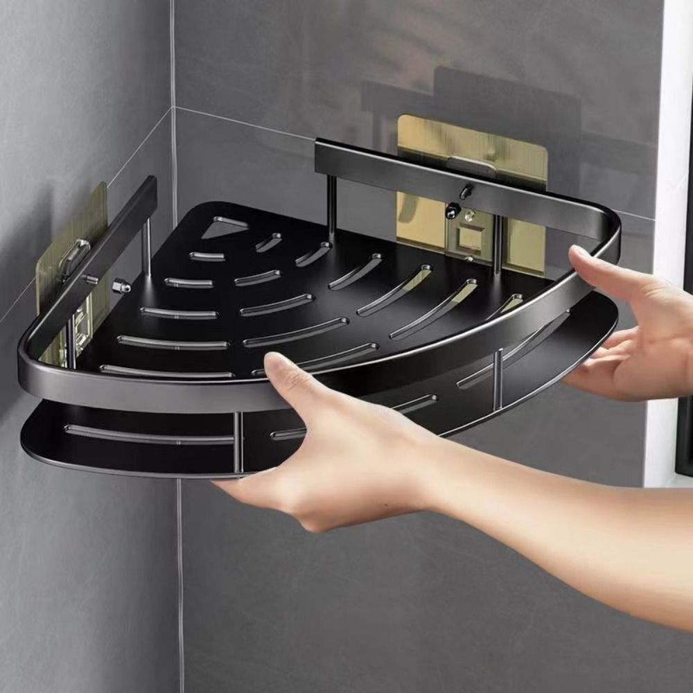 Aluminum Wall Shelf for Corners – No Drill Space-Saving Bathroom Organizer – Black