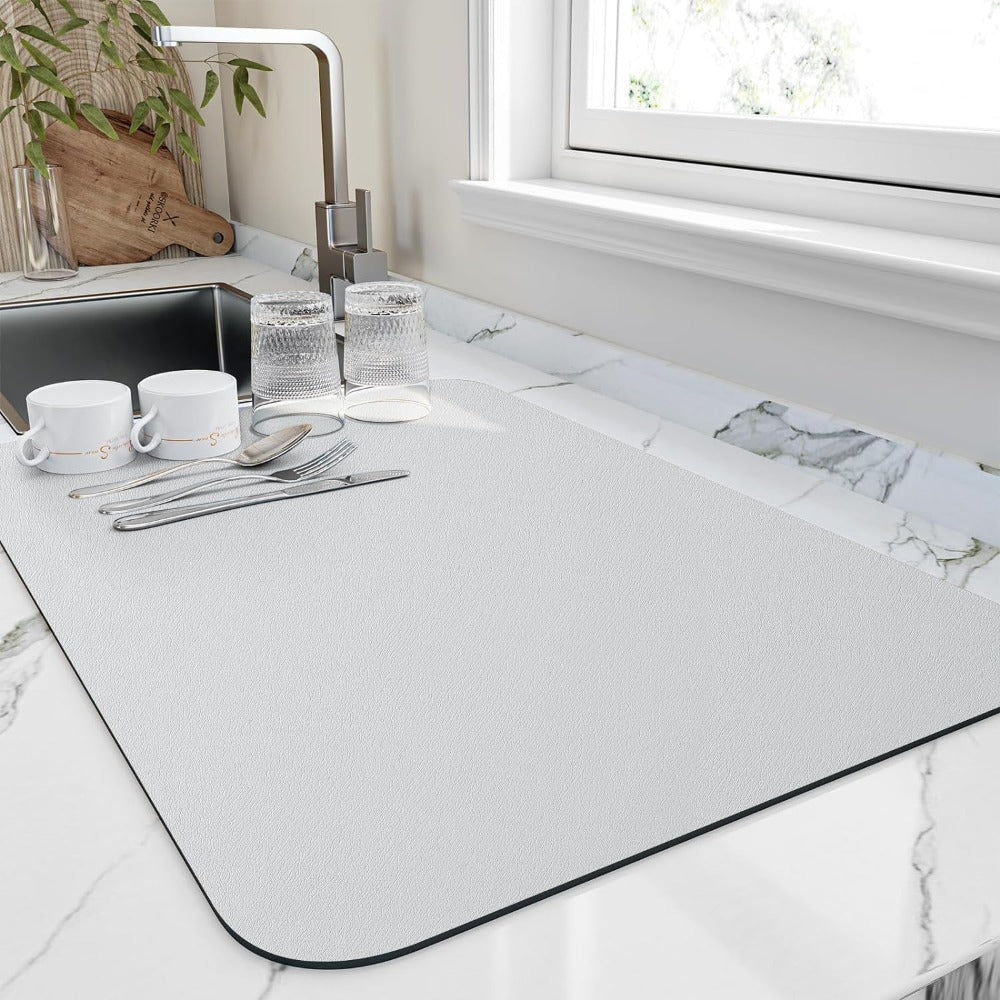 Space-Saving Fast-Drying Dish Drying Mat – Absorbent Design – White