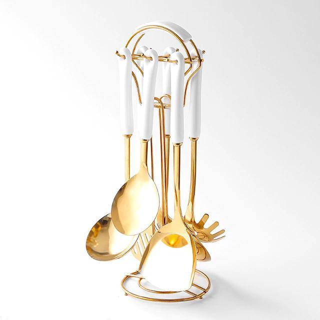 Golden Kitchen Tools Set with Stand - Metallic Finish – White
