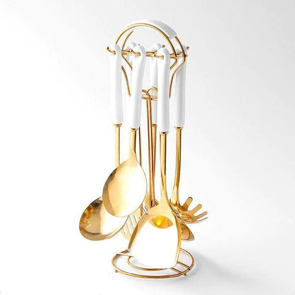 Golden Kitchen Tools Set with Stand - Metallic Finish – White